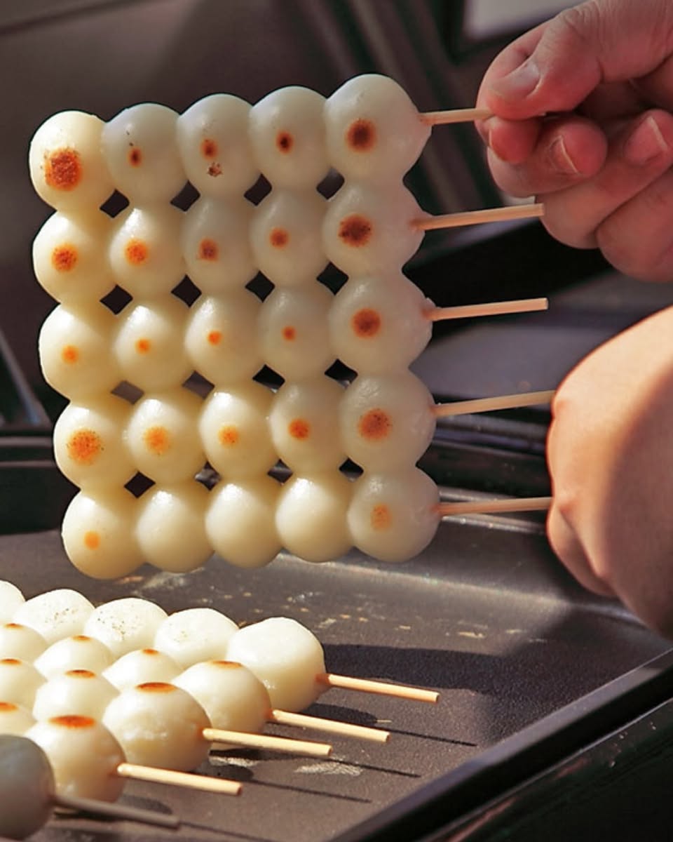 A variety of traditional Japanese dango displayed beautifully.