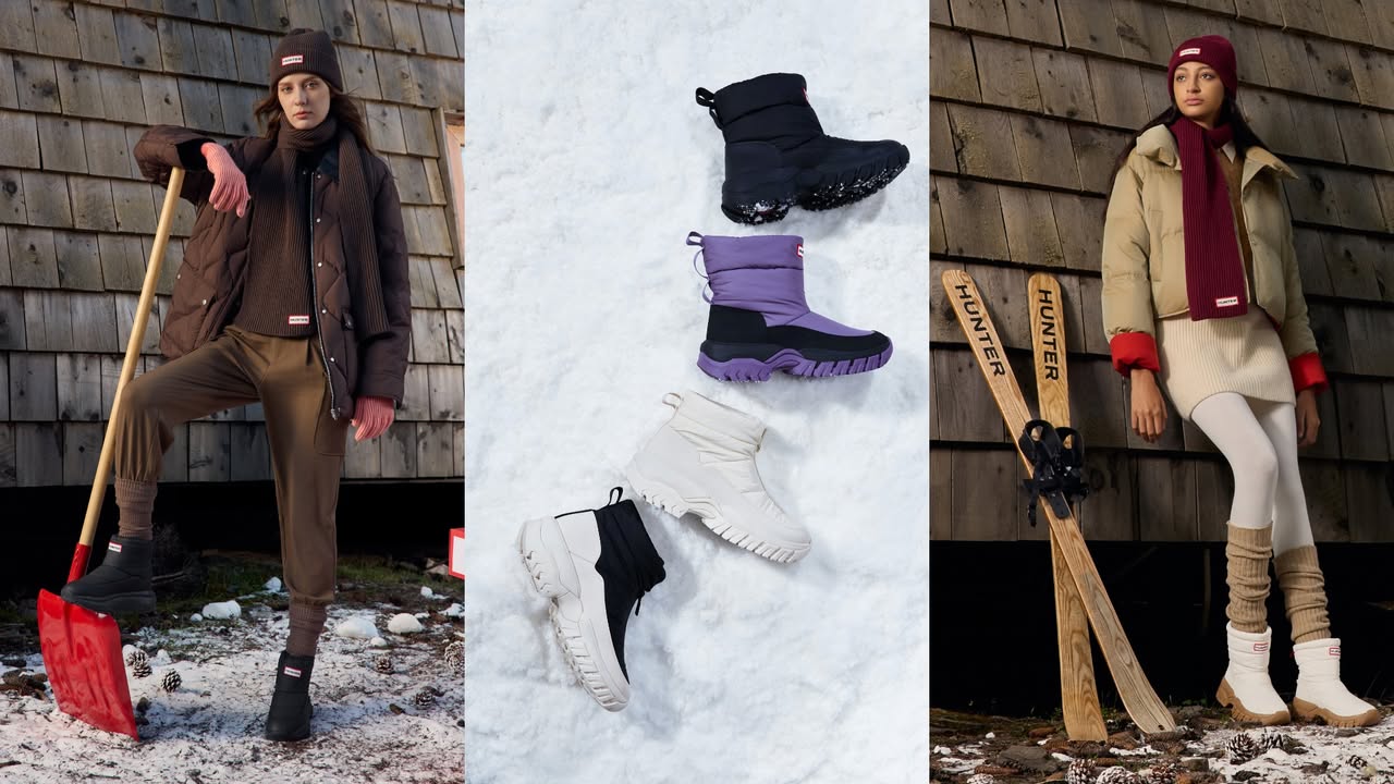 Stylish Hunter Boots alongside winter-ready accessories.