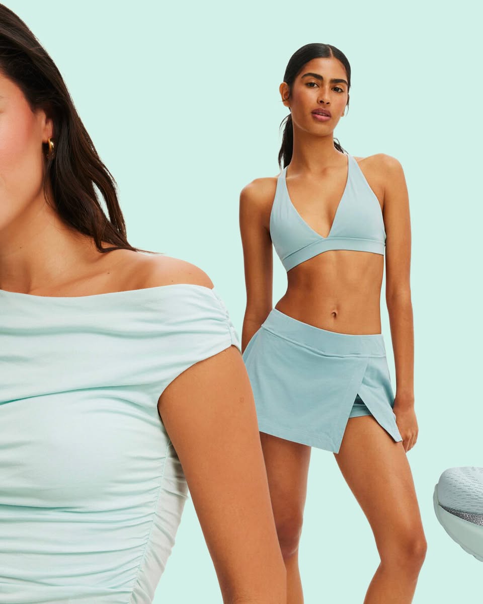 Stylized lifestyle gear in cool, minty tones.