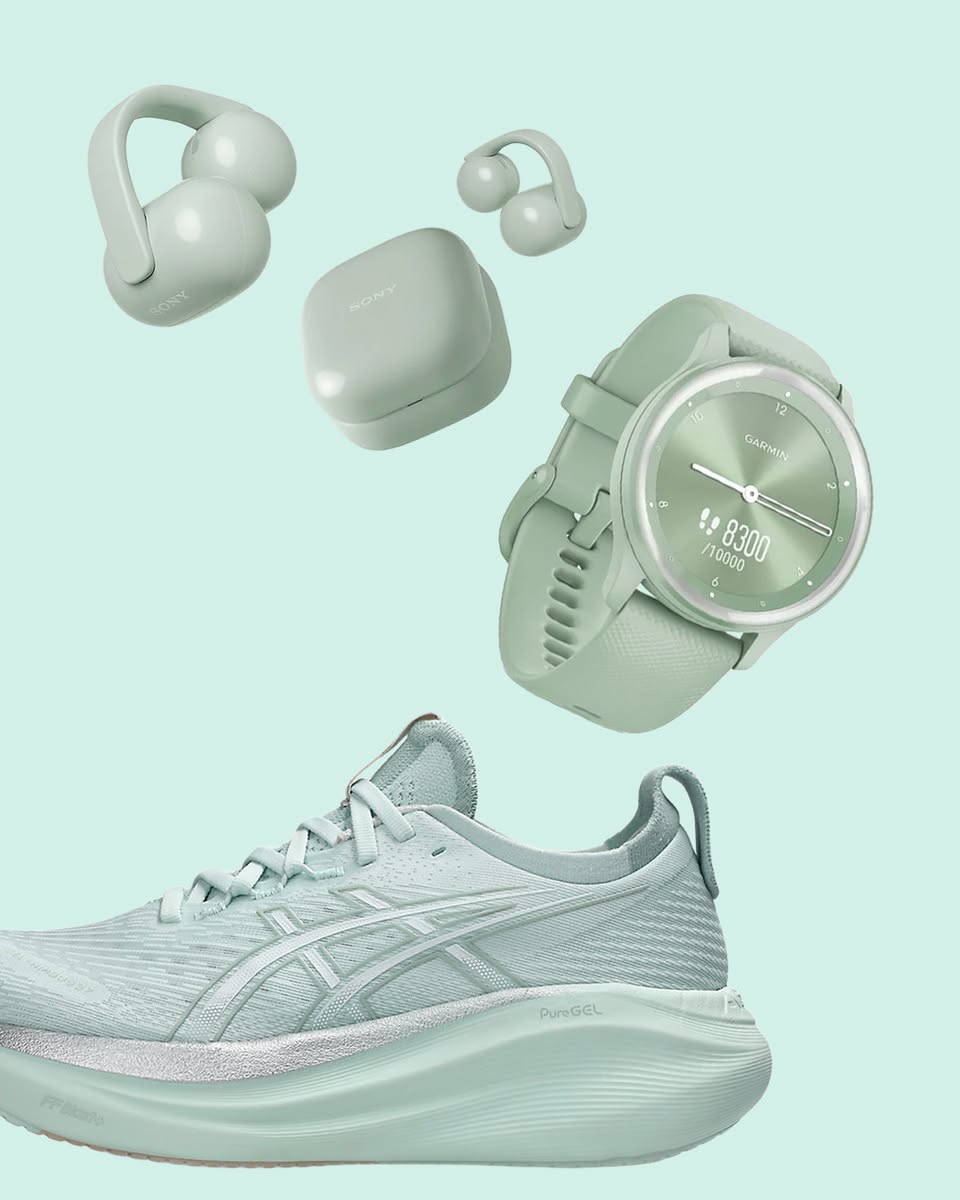 A display of modern tech and fashion essentials in seasonal green hues.