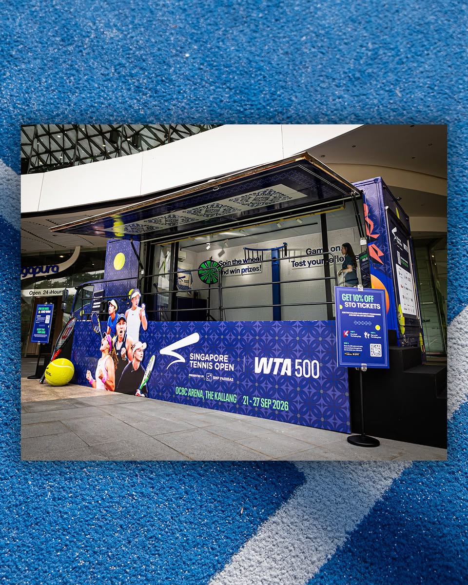 Singapore Tennis Open activation booth with WTA 500 branding and 10% off WTA tickets promotion