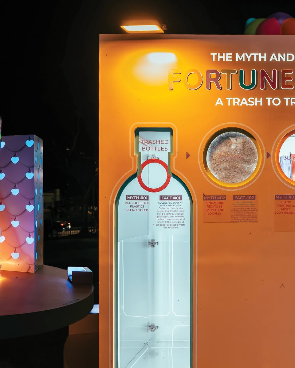Trashed Bottles recycling education display at Plaza Singapura