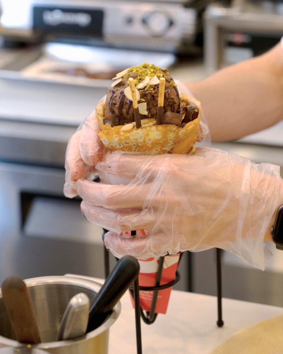 Close-up of a sweet artisan-crafted crepe