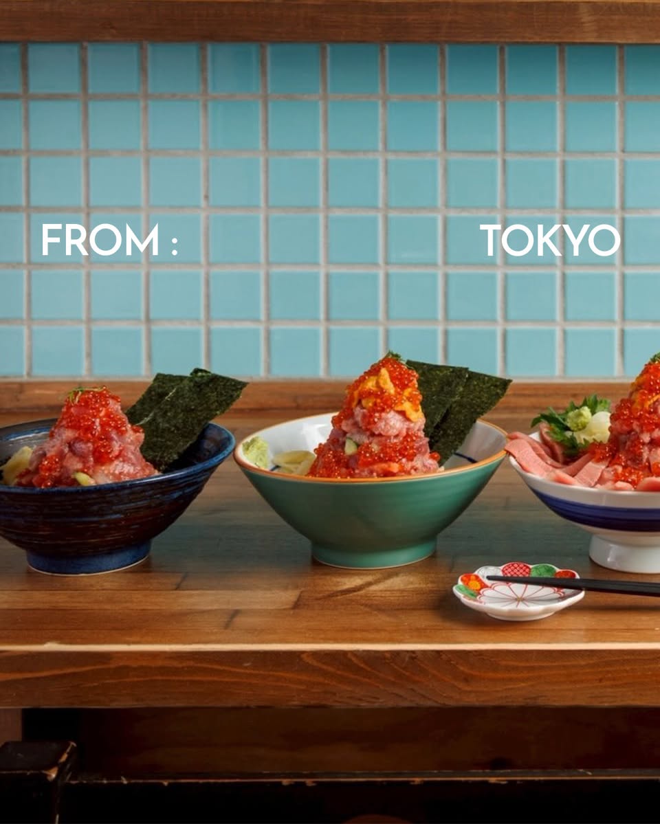 Three MUKAI seafood bowls topped with fish roe and nori